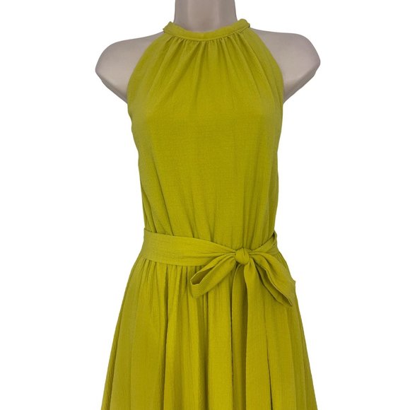 Size 14 MUSTARD CREPE HALTER MIDI DRESS W/TIE Spring Summer Wedding Party Church - Picture 2 of 4